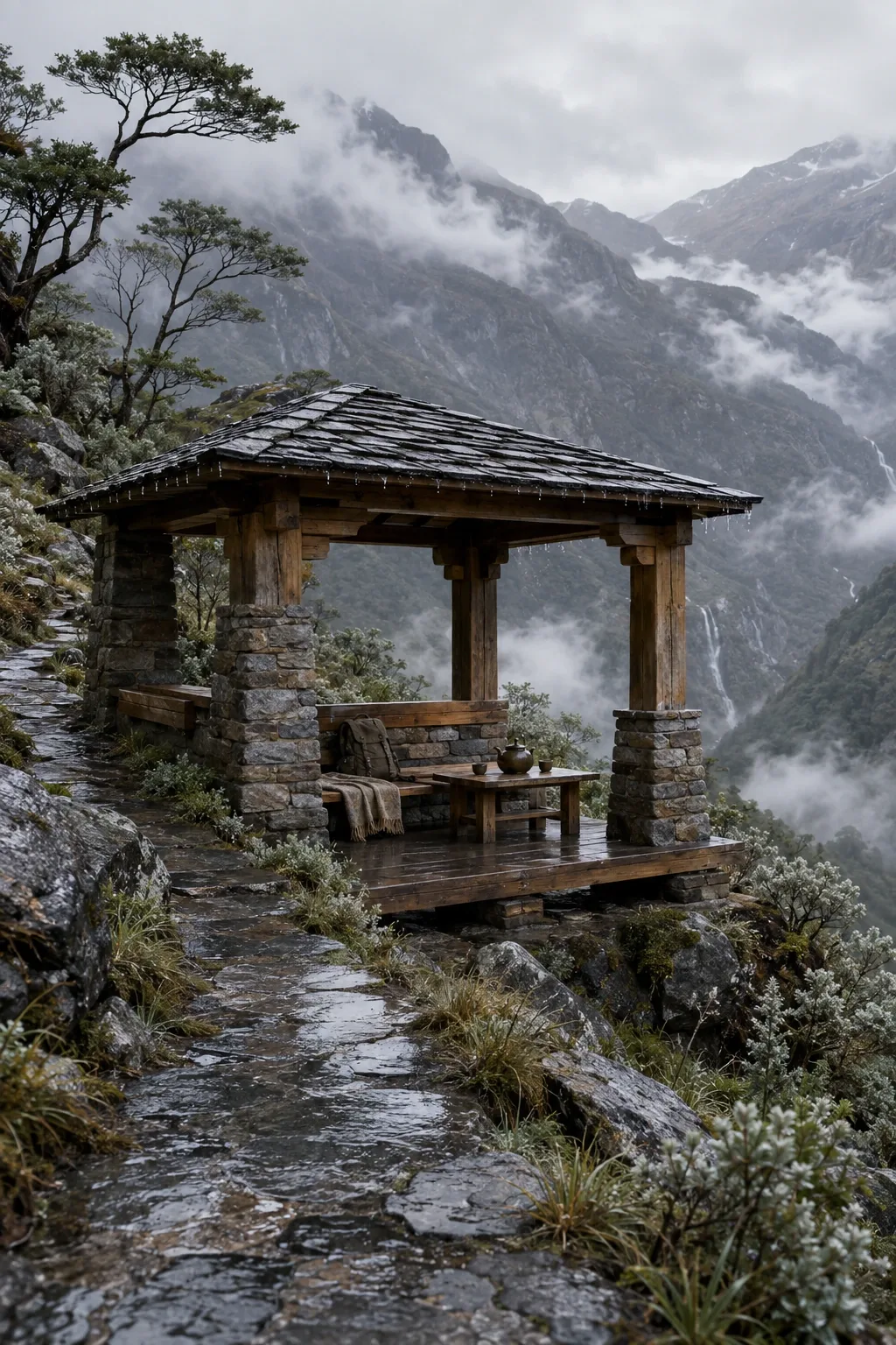 Portrait travel scene of a secluded timber and stone tea shelter on a rainy mist-covered mountain pass overlooking layered cloud-filled valleys.