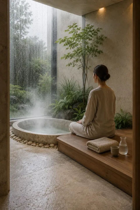 Serene mineral steam wellness alcove with an anonymous adult practicing seated breathing beside a shallow stone basin and rain-covered garden glazing.