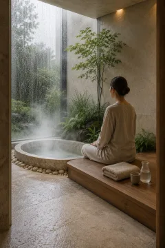 Serene mineral steam wellness alcove with an anonymous adult practicing seated breathing beside a shallow stone basin and rain-covered garden glazing.