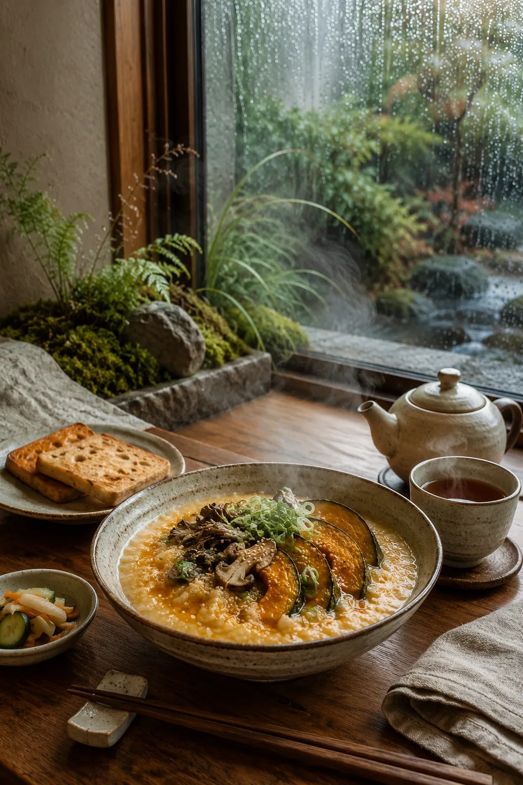 Pumpkin miso rice porridge with roasted pumpkin, mushrooms, tea and ceramic tableware beside rain-covered garden windows.