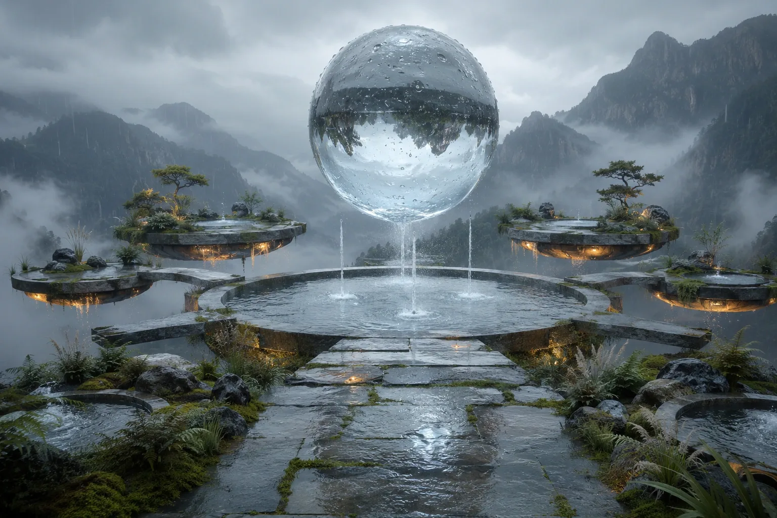 Surreal rain-covered mountain garden with a huge transparent sphere of water hovering above a circular reflecting basin and floating stone terraces.