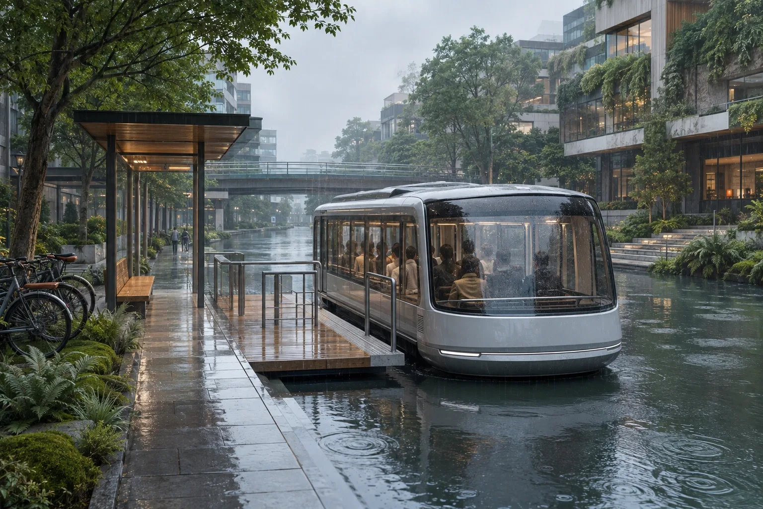 Electric passenger shuttle gliding beside a landscaped canal transit terrace during a gentle rainy morning, surrounded by pedestrian paths, bicycles, wet stone, grasses, and contemporary architecture.