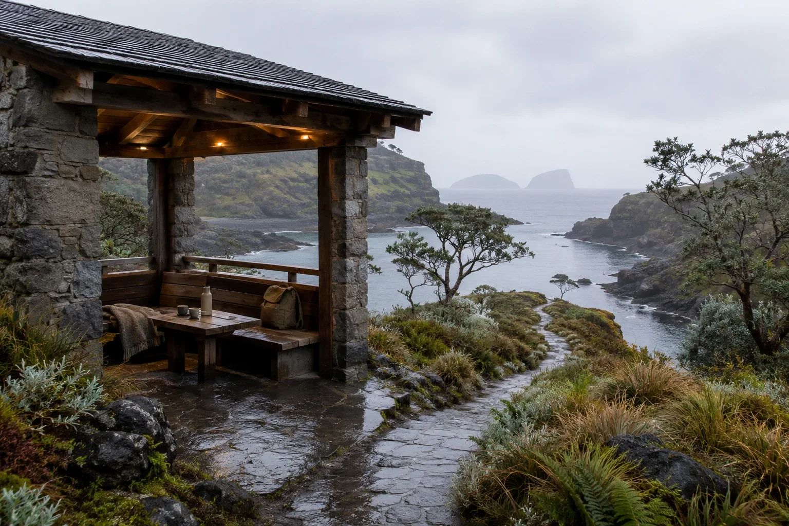 Rainy basalt coastal waystation with a timber shelter beside a winding stone path overlooking a calm tidal inlet, misty cliffs, and distant islands.