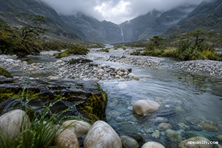Closer rain-washed view of braided clear streams curling around pale quartz stones and mossy shelves beneath mist-layered mountain ridges.
