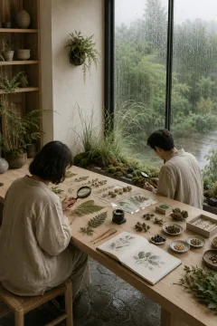 Rainy botanical learning alcove with two anonymous adult learners examining leaves, seeds, and plant specimens using magnifying tools at a pale timber observation table.