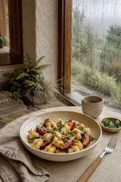 Portrait food scene of golden herb-butter gnocchi with roasted plums and fresh herbs in a cream ceramic bowl beside a rain-beaded window.