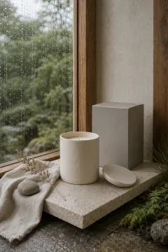 Blank ivory ceramic candle vessel with matching lid and unmarked gray carton on a pale stone plinth beside a rain-covered window.