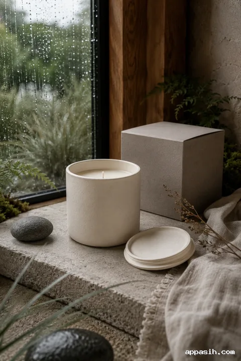Close three-quarter view of a blank ivory ceramic candle vessel, matching lid, and unmarked gray carton beside rain-beaded glazing in a refined stone-and-timber alcove.