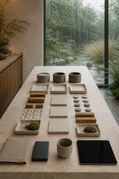 Rainlit contemporary financial planning alcove with a pale stone table arranged with blank cards, ceramic trays, timber blocks, glass markers, and unmarked containers representing working capital allocation.