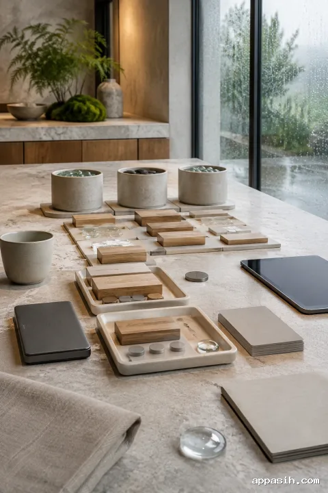 Close three-quarter view of a rainlit working capital planning table with ceramic allocation trays, blank cards, timber blocks, metal discs, translucent markers, and unmarked resource containers.