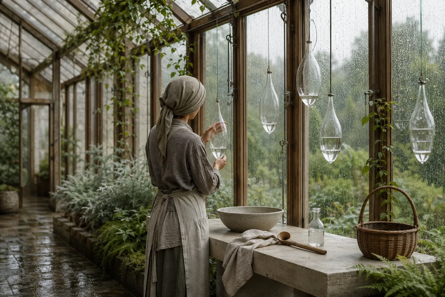 Anonymous conservatory keeper tending suspended glass dew collectors beside a pale stone workbench during a quiet rainy morning.