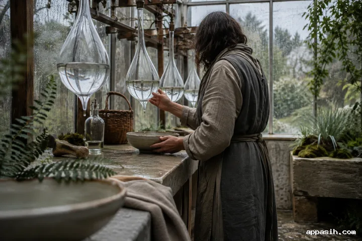 Closer three-quarter view of an anonymous conservatory keeper steadying a suspended glass dew collector above a ceramic basin as rain falls outside.
