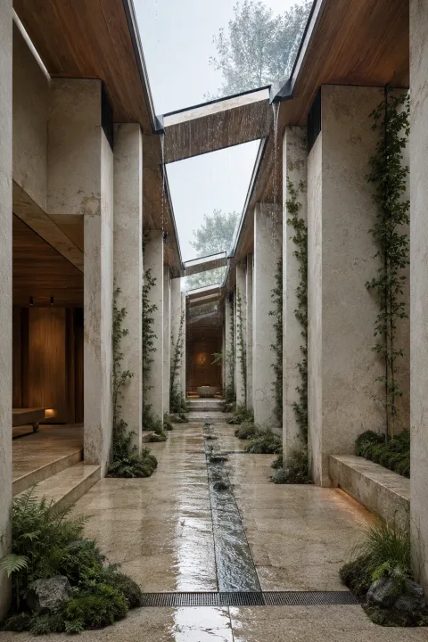 Portrait view of a contemporary passive cooling courtyard pavilion with pale structural ribs, warm timber soffits, a shallow rainwater runnel, wet limestone, ferns, moss, and silver-green grasses during an overcast morning shower.