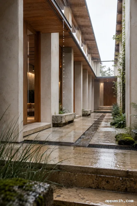 Closer low three-quarter portrait view of a rain-fed passive cooling pavilion with repeating pale clerestory ribs, warm timber soffits, wet limestone, planted edges, and droplets falling into a narrow stone runnel.