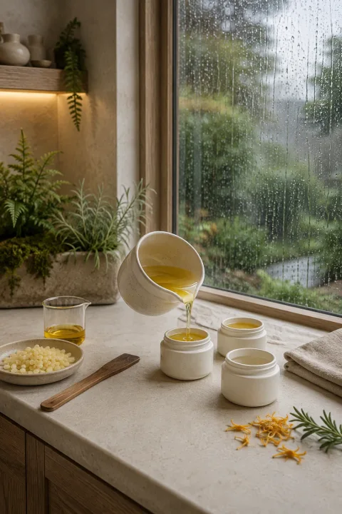 Rainlit botanical lip balm atelier with warm balm being poured into blank ivory ceramic cosmetic pots on a pale stone workbench.