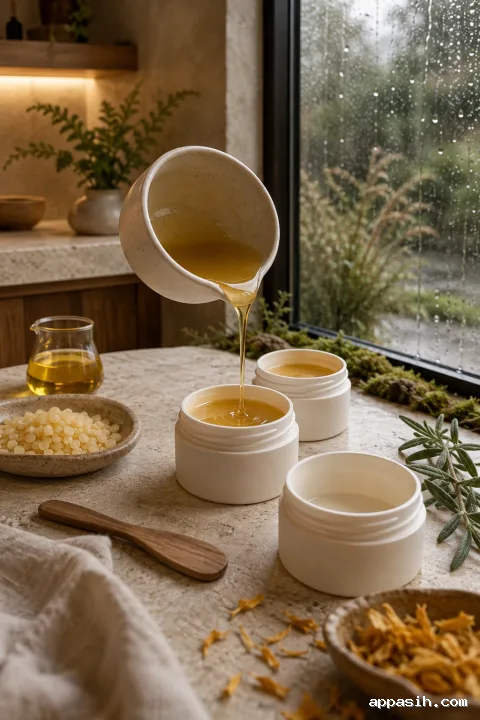 Close three-quarter view of translucent botanical lip balm pouring into a blank ivory ceramic cosmetic pot inside a serene rainlit beauty atelier.