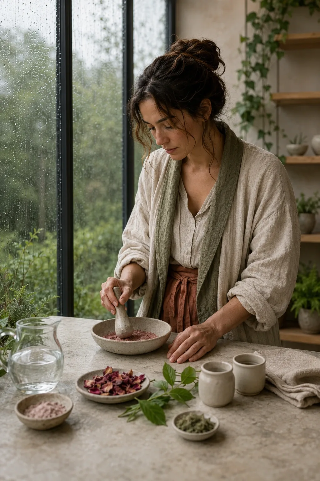 Anonymous botanical color artisan grinding muted rose pigment at a stone worktable inside a serene rain-lit conservatory studio.