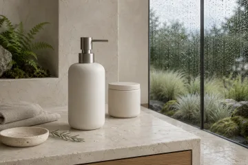 Blank matte ivory refillable ceramic soap dispenser with a warm-gray metal pump on a pale limestone vanity beside rain-beaded conservatory glazing.