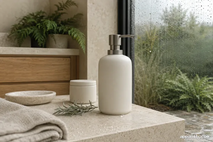 Close three-quarter view of a blank matte ivory refillable ceramic soap dispenser and matching refill vessel on limestone beside rain-beaded conservatory glass during a soft overcast morning.