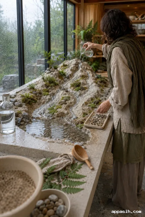 Closer portrait view of an anonymous learner pouring a thin stream of water onto a miniature watershed terrain table as branching rivulets flow through stone channels in a rain-lit conservatory classroom.