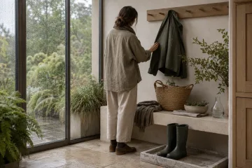 Anonymous adult arranging a damp unbranded rain jacket in a serene conservatory entryway with stone bench, garden boots, woven basket, herbs, and rain-beaded windows.