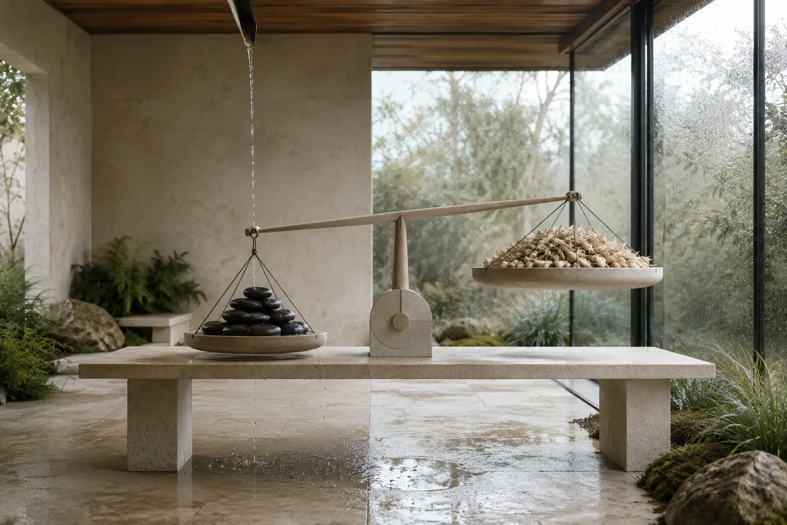 Landscape editorial concept showing an uneven limestone balance table in a rainy conservatory, with dark river stones weighing down one tray while lightweight seed pods rise on the other.