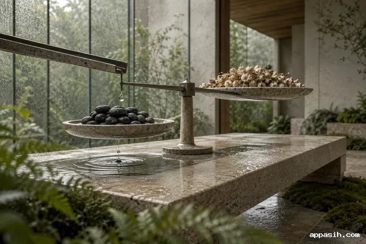 Closer low three-quarter view of an uneven limestone balance table in a rainy conservatory, with a falling water droplet adding weight to dark river stones opposite a raised tray of pale seed pods.