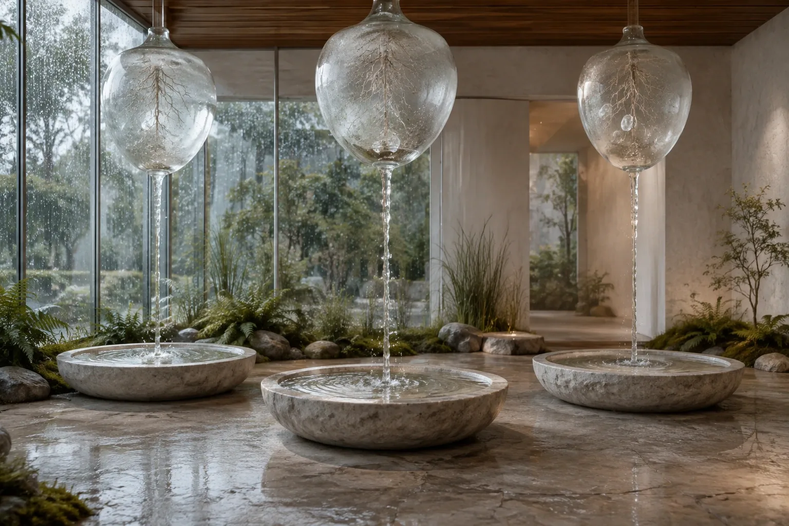 Dreamlike rain-soaked conservatory with clear water rising against gravity from pale limestone basins into suspended translucent seed-shaped vessels.