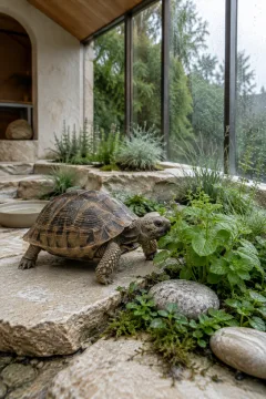 Young tortoise walking across a damp limestone herb terrace inside a rain-lit contemporary conservatory.