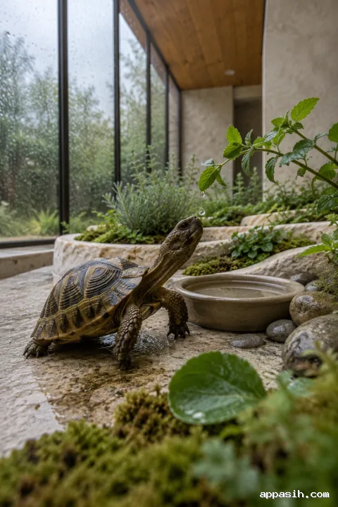 Close low-angle view of a young tortoise reaching toward a rain-dappled herb leaf on a mossy limestone conservatory terrace.