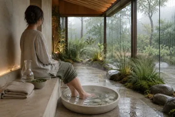 Anonymous adult enjoying a warm mineral foot soak in a serene limestone conservatory alcove beside rain-beaded windows and soft greenery.