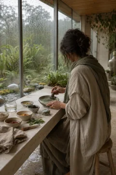 Anonymous botanical pigment keeper grinding muted green natural pigment at a limestone workbench inside a rain-soaked contemporary conservatory.