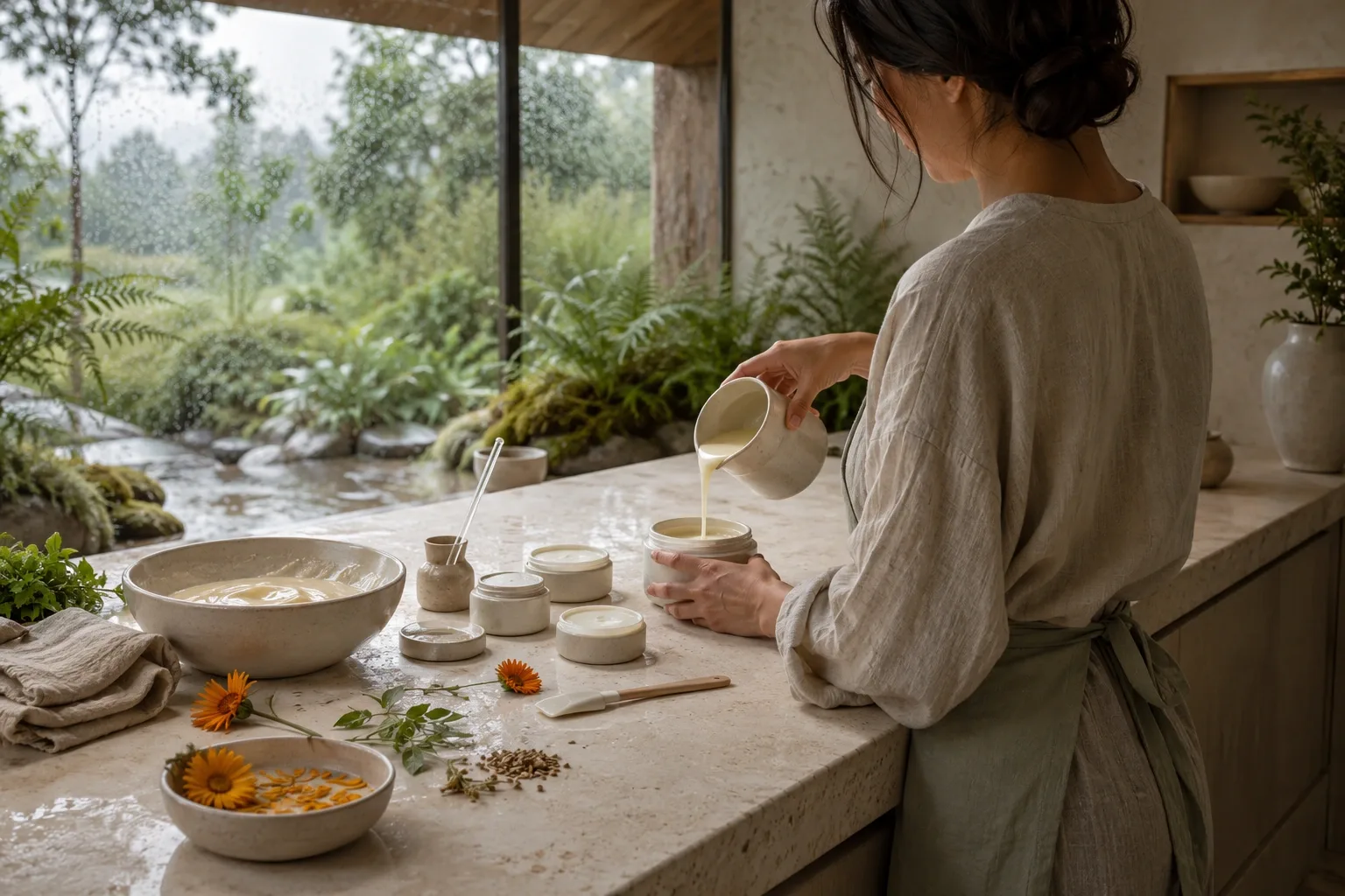 Anonymous cosmetic artisan pouring warm botanical facial balm into blank ceramic skincare jars on a limestone bench inside a rain-lit contemporary conservatory.