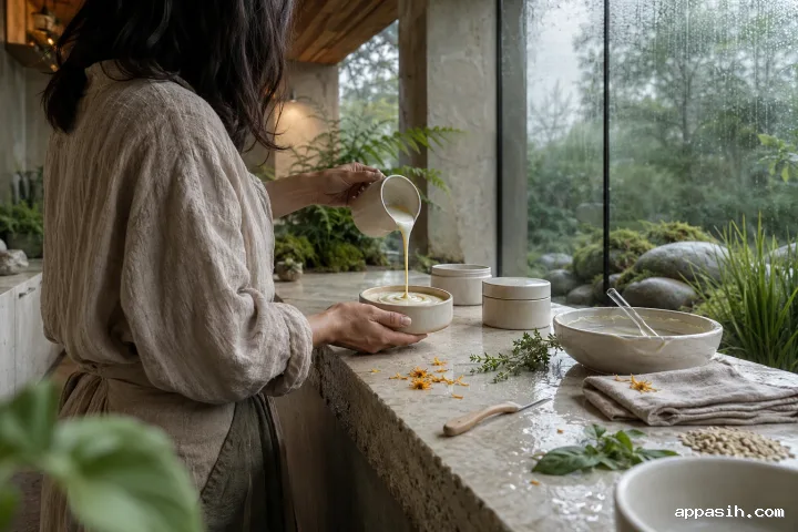 Close rear three-quarter view of an anonymous cosmetic artisan pouring glossy botanical facial balm into an unmarked ceramic jar in a rain-lit limestone conservatory atelier.