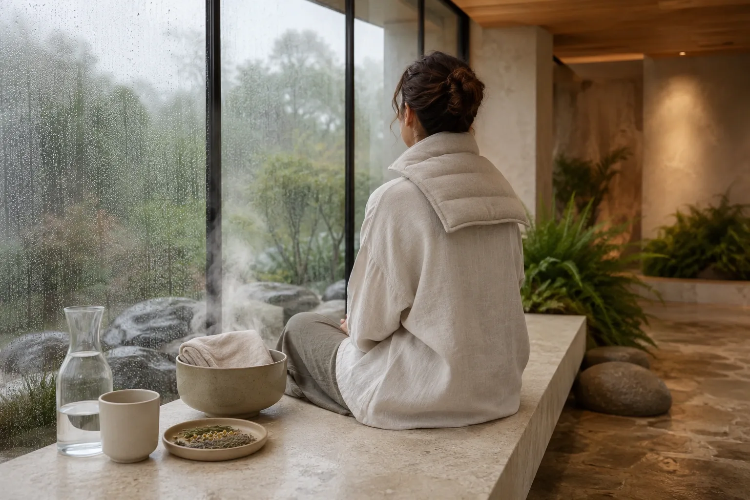 Anonymous adult resting on a limestone bench with a warm linen botanical neck wrap inside a serene rain-covered conservatory wellness alcove.
