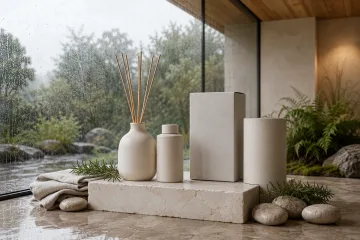 Unbranded warm ivory ceramic home fragrance diffuser with rattan reeds, matching refill bottle, and blank gray packaging displayed on pale limestone beside rain-beaded conservatory glazing.