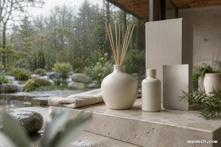 Close three-quarter view of an unbranded matte ivory ceramic fragrance diffuser, refill bottle, and blank gray packaging on damp limestone inside a softly lit rainy conservatory.