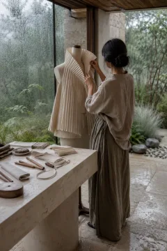 Anonymous fashion artisan shaping an architectural ivory pleated collar on a neutral garment displayed in a rain-washed contemporary conservatory atelier.