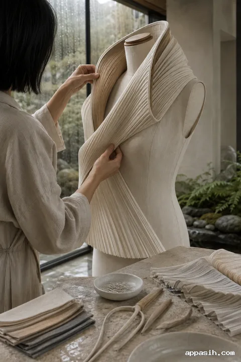 Close rear-side view of an anonymous fashion artisan refining layered ivory pleats on a sculptural garment collar inside a rainy contemporary conservatory atelier.
