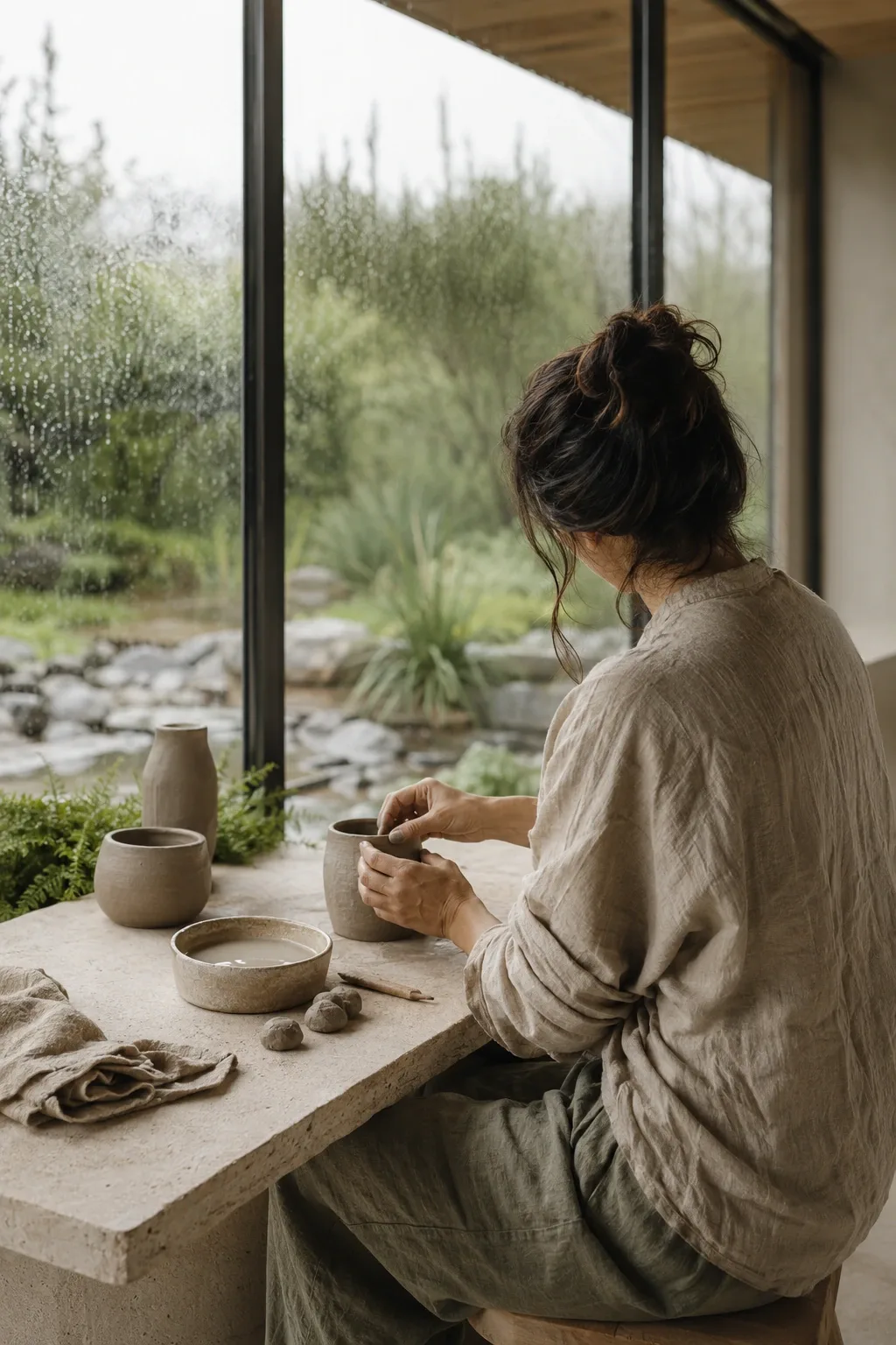 Anonymous ceramic artisan shaping a small clay vessel beside rain-covered conservatory windows in soft overcast morning light.