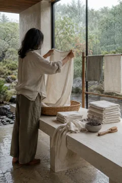 Anonymous adult folding warm ivory household linen into a woven basket inside a rain-covered contemporary conservatory.