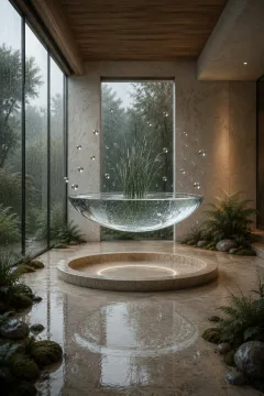 Surreal rain-soaked conservatory with a translucent glass moonwell floating above a pale limestone basin, silver-green reeds rising from still water, and pearl-like droplets hovering around it.