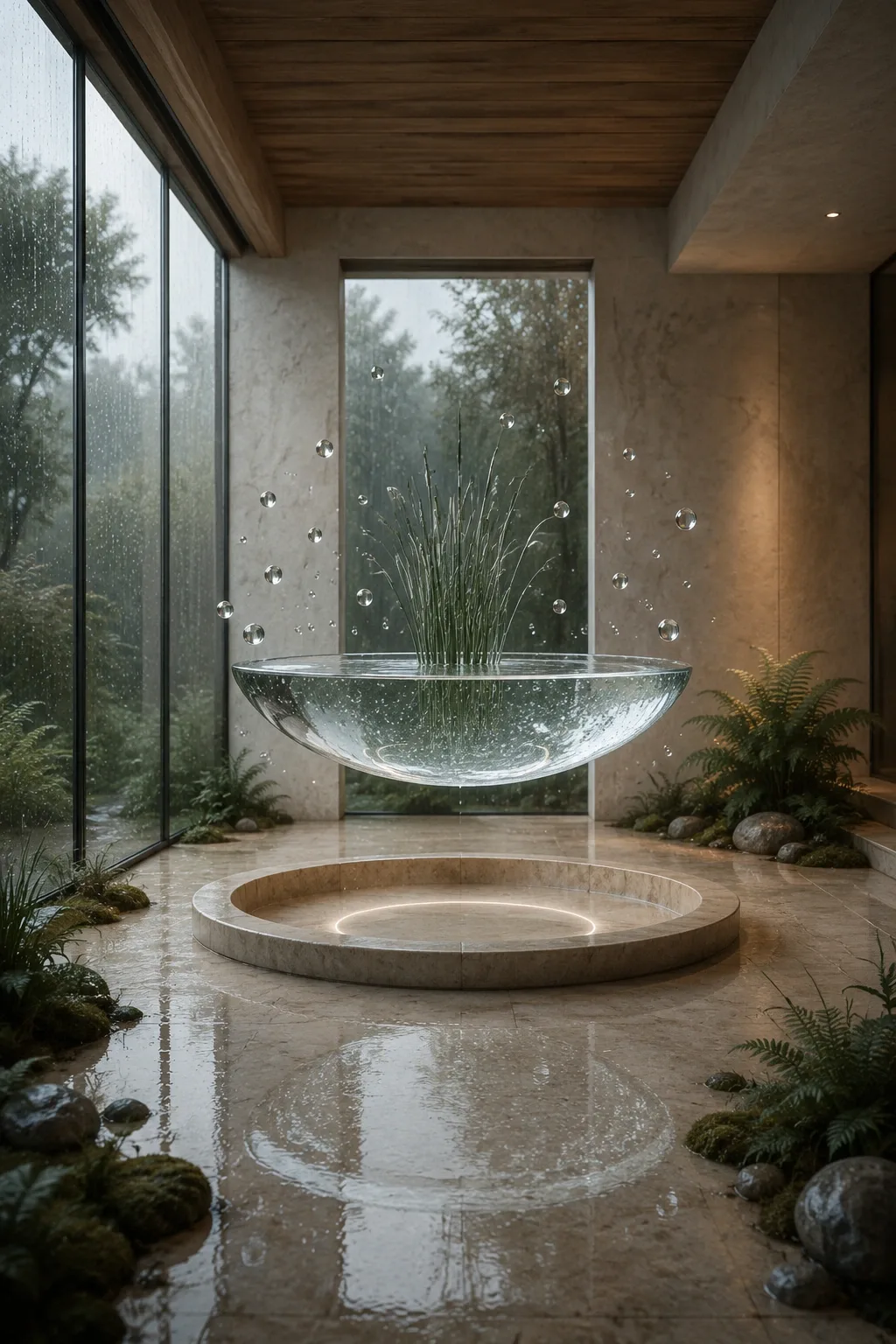 Surreal rain-soaked conservatory with a translucent glass moonwell floating above a pale limestone basin, silver-green reeds rising from still water, and pearl-like droplets hovering around it.