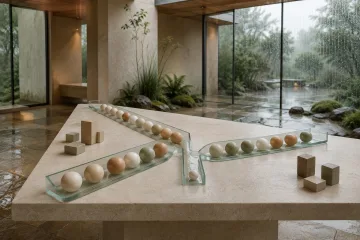 Translucent glass channels filled with muted ceramic spheres converge into one narrow bottleneck on a limestone table inside a rainy contemporary conservatory.