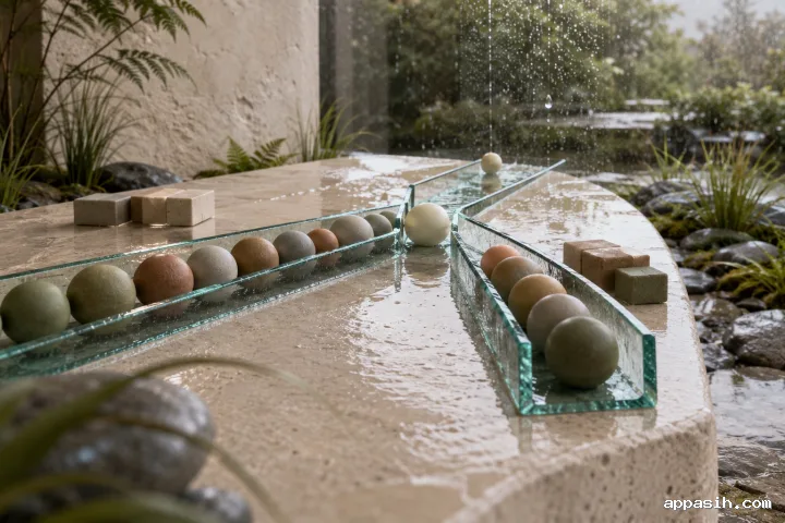 Close low three-quarter view of muted ceramic spheres converging through a narrow translucent glass bottleneck on a limestone table in a rain-washed conservatory.