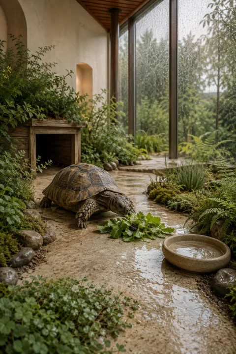 Companion tortoise walking through a serene limestone herb garden inside a rain-lit contemporary conservatory.