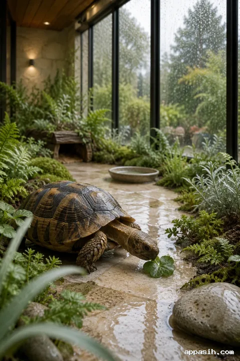 Close low three-quarter view of a companion tortoise reaching toward a fresh leaf in a rain-lit limestone conservatory herb garden.