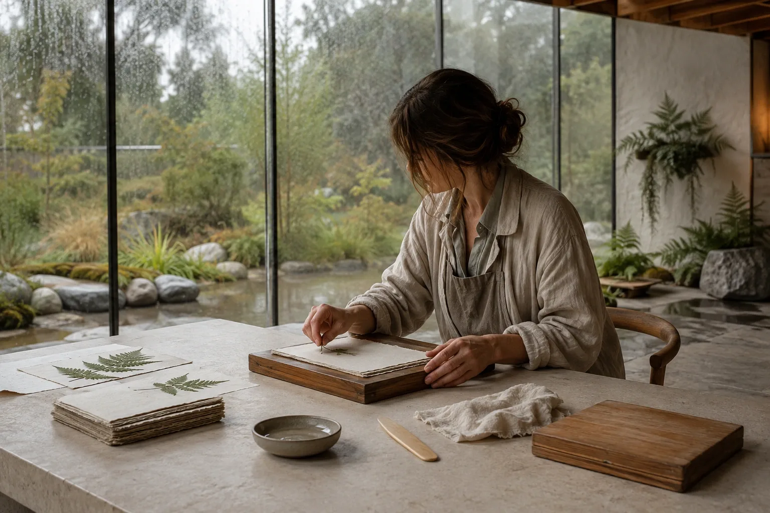 Anonymous botanical paper conservator arranging a delicate leaf between handmade fiber sheets at a limestone table in a rain-washed contemporary conservatory.