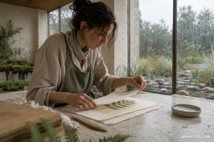 Close environmental portrait of an anonymous botanical paper conservator lowering a handmade fiber sheet over a silver-green leaf at a limestone table beside rain-beaded conservatory glazing.