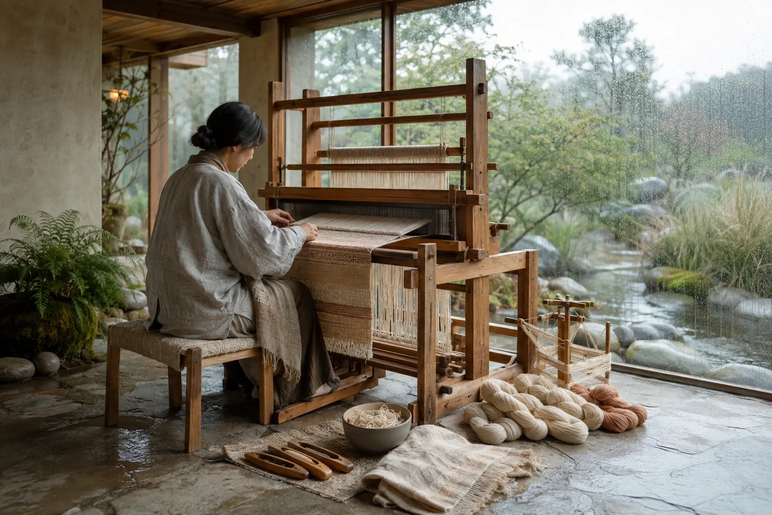 Anonymous artisan practicing traditional handweaving on a natural-wood loom inside a serene rain-washed contemporary conservatory.